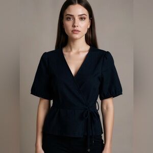 Madewell texture & thread black puff sleeve wrap top size medium